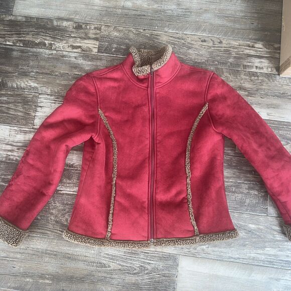 LL Bean Suede Jacket Sherpa Lined Floral Design Womens Size Medium‎ Red Coat - Picture 1 of 9